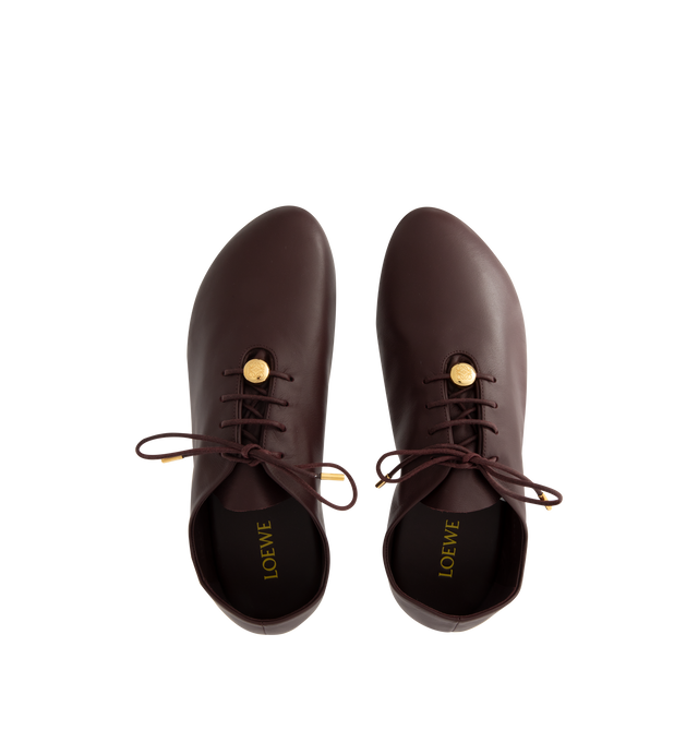 Image 5 of 5 - RED - Loewe Womens Nappa Calf Lace-Up Shoes are crafted from nappa calfskin. Features a lace-up closure, extra padding, asymmetric toe shape, tonal laces with metallic tips, metallic Pebble with engraved Anagram detail on the bottom lace, lambskin lining, printed LOEWE insole, and injected rubber outsole with cut-out Anagram signature. Main Material: Nappa Calf. Made in Italy.