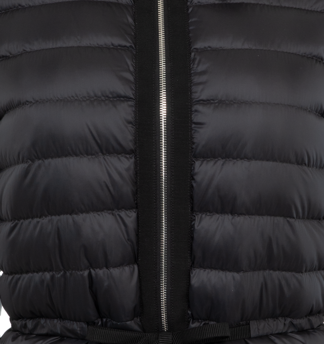 Image 3 of 3 - BLACK - Moncler Raie Short Down Parka is designed in nylon leger with grosgrain trim. It has a front zip closure, welt pockets with zippers, an elasticized belt, a drawstring hood, and a felt logo patch. Lined. 100% polyamide. Fill: 90% down, 10% feather. Made in Romania.