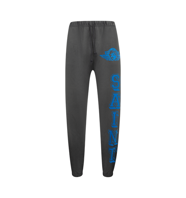 Image 1 of 3 - BLACK - SAINT MICHAEL Angel Sweatpant featuring ankle cuffs, rear pocket, side pockets, drawstring waistband, screen-printed graphics and screen-printed logo branding. 100% cotton.