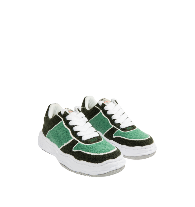 Image 2 of 5 - GREEN - Maison Mihara Yasuhiro Men's Wayne Sneakers feature the brand's signature hand-sculpted OG sole, a canvas upper adorned with soft chenille embroidery, and a low-top silhouette for a bold contemporary look. Designed for the Spring/Summer 2026 collection, these designer sneakers combine Maison Mihara Yasuhiro's experimental aesthetic with rich texture and artisanal detailing, while the sculptural sole and intentional vintage-inspired finishing create a distinctive statement silhouette.