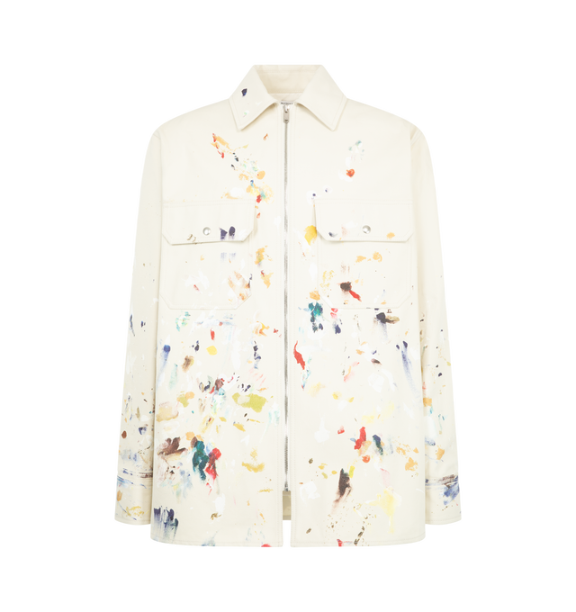 Image 1 of 3 - NEUTRAL - Bottega Veneta Men's Paint Splatter Shirt Jacket is crafted from 100% cotton canvas material and features an allover paint splatter motif inspired by an artists studio aesthetic. Designed with a point collar, front zip closure, long sleeves, and flap chest pockets. Main Material: 100% Cotton. Closure: Front Zip. Collar: Point Collar. Pockets: Front Flap Pockets. Made in Italy.