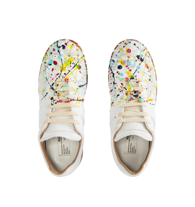 Image 5 of 5 - WHITE - MAISON MARGIELA Paint Replica Sneakers featuring nubuck leather and velour, a paint splatter design, logo label on the tab, white stitching at the back, handmade color treatment, internal Replica label, internal elastic and all-over logo insole. 100% calf leather. Made in Italy