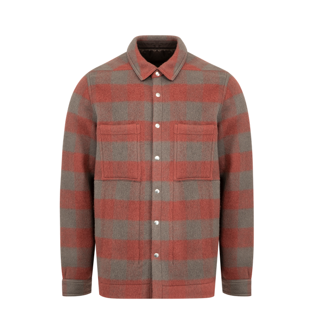 Image 1 of 2 - RED - RICK OWENS Plaid Overshirt featuring a classic plaid pattern, a harness-inspired strap details the back yoke for a signature avant-garde finish, spread collar, long sleeves, snap barrel cuffs, chest patch pockets, interior zip pocket and snap-button-front closure. 100% new wool.