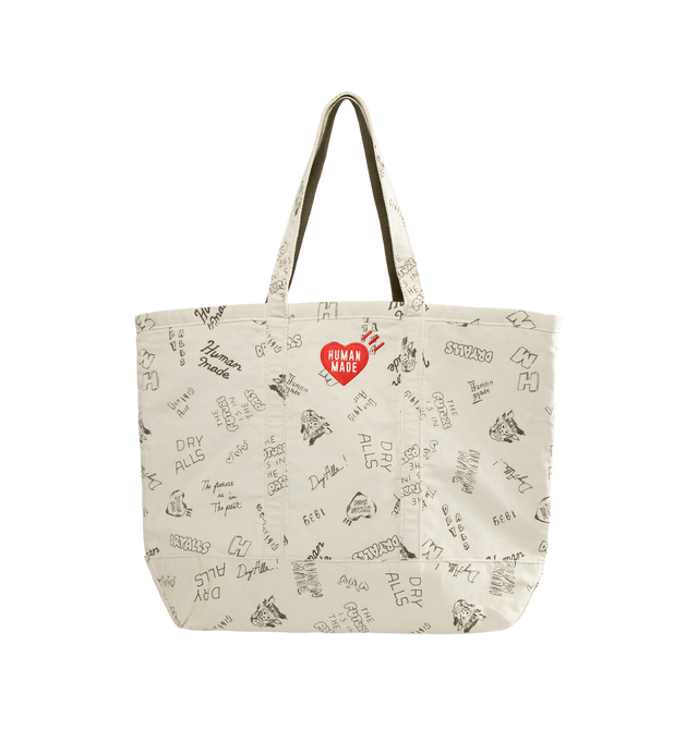Image 1 of 3 - CREAM - Human Made Men's Corduroy Tote is crafted from finely textured cotton corduroy and features hand-drawn-style graphic artwork, interior and exterior pockets, and A3-size storage capacity. Designed for everyday functionality, this tote is lined with cushioned khaki quilting and finished with signature heart logo embroidery for a distinctive Human Made touch. Main Material: Shell: 100% Cotton. Lining: 100% Polyester. Filling: 100% Polyester. Dimensions: 16.5 x 15 x 5.5 in. Interior: Inte