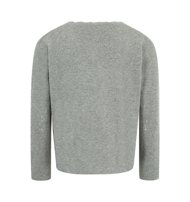 Image 2 of 2 - GREY - SECOND LAYER Friends Pullover Sweater featuring relaxed cropped fit, waffle knit, pulls over and destroyed by hand to give a vintage look. 70% wool, 30% cashmere. Made in Italy.