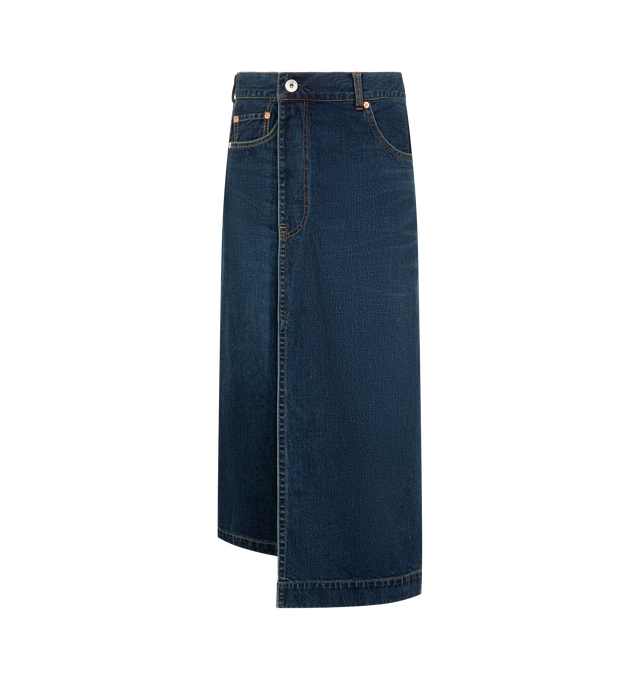 Image 1 of 3 - BLUE - Sacai Women's Asymmetrical Denim Skirt is crafted from denim and features the brands signature deconstructed approach to design. Cut in an asymmetrical silhouette, this statement skirt combines classic denim detailing with sculptural proportions. Main Material: Cotton Denim.