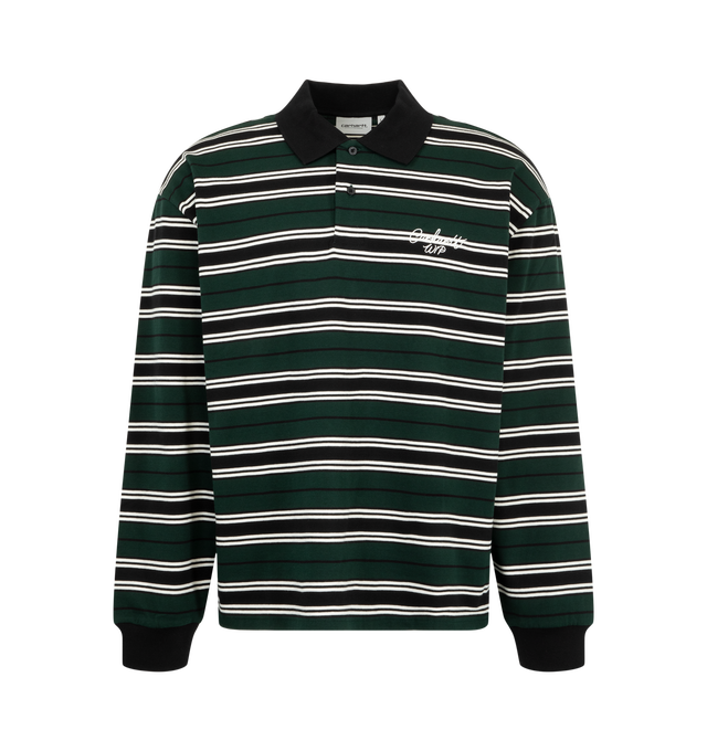 Image 1 of 2 - GREEN - Carhartt WIP Men's Devitt Rugby Shirt is crafted from midweight yarn-dyed cotton jersey and features allover barcode stripes, a loose fit, and graphic embroidery at the chest. Designed with a flat-knit collar, flat-knit cuffs, and a buttoned half-placket, this long-sleeve rugby shirt combines classic sportswear detailing with contemporary graphic elements. Main Material: 100% Cotton.