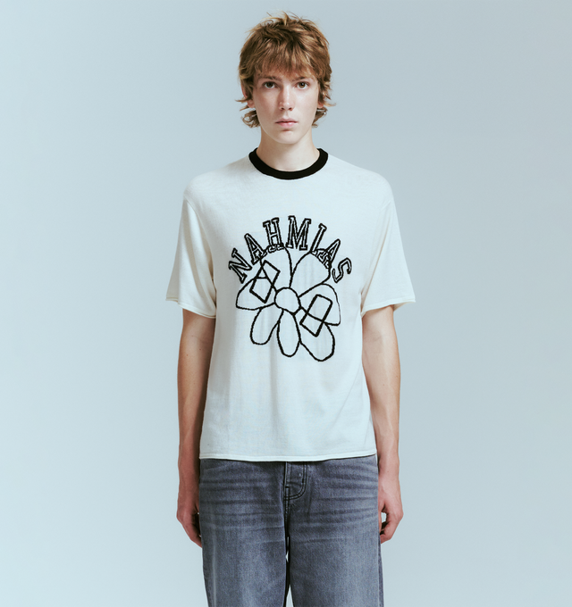 Image 2 of 4 - WHITE - NAHMIAS Knit Flower Boxy Tee featuring crew neck, short sleeves, contrast collar and front embroidered graphic. 100% cotton. Made in the USA.