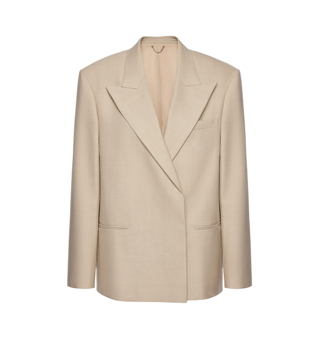 Image 1 of 2 - NEUTRAL - MAGDA BUTRYM Wool Crossover Blazer featuring oversized wool blazer with a modern crossover, buttonless fit and classic lapels. 100% wool. Lining: 100% silk.