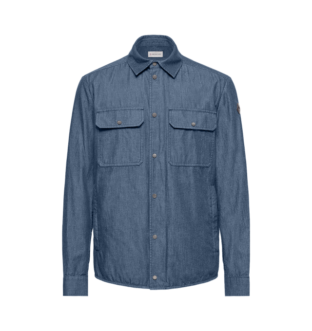 Image 1 of 2 - BLUE - MONCLER Denim Shirt Jacket featuring zipper and snap button closure, pockets with snap button closure, adjustable cuffs and leather logo patch. 100% cotton.