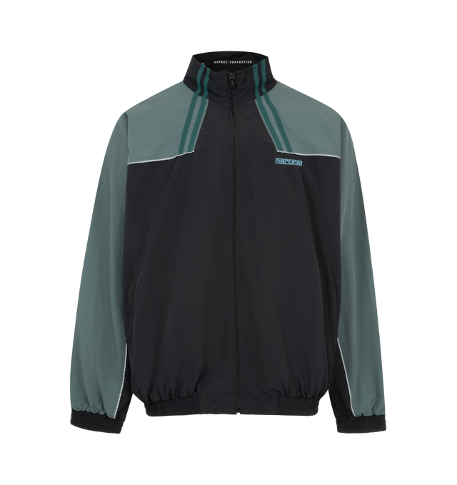 Image 1 of 4 - BLACK - MARTINE ROSE Paneled Nylon Track Jacket with Graphic T-Shirt Lining featuring nylon track jacket prelayered with a peekaboo cotton T-shirt, front zip closure, stand collar, front welt pockets and lined. 100% nylon, with 100% cotton contrast.