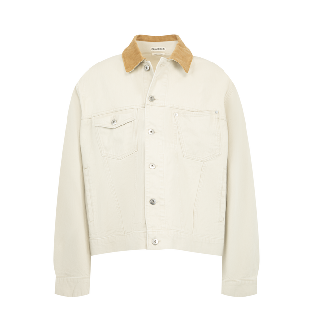 Image 1 of 3 - WHITE - JW Anderson Men's Corduroy Collar Jacket in ecru features a corduroy contrast collar, twisted patch pocket, engraved metal shank buttons, and finished with a leather logo patch. 100% Cotton. Crafted in Japan.