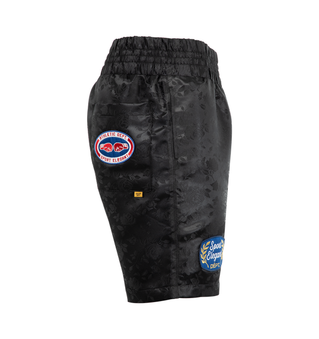 Image 3 of 3 - BLACK - GALLERY DEPT. Jacquard Boxing Short featuring satin exterior with mesh lining shorts, elasticized waistband, front slip pockets, back pocket detail and logo patches. 100% polyester. Made in USA.