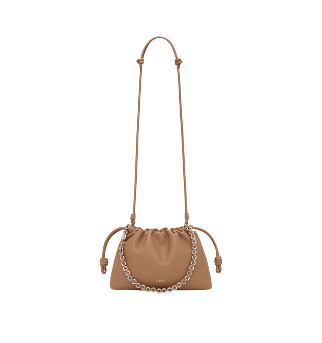 Image 4 of 6 - BROWN - LOEWE Medium Flamenco Purse featuring a lightweight and soft bag with a ruched shape, historical knot drawstrings, shoulder, crossbody or hand carry, detachable donut chain with Anagram Pebble, detachable and adjustable leather strap, magnetic closure, suede lining and embossed LOEWE. Mellow nappa lambskin. 20 cm x 30 cm x 10.5 cm. Made in Spain.