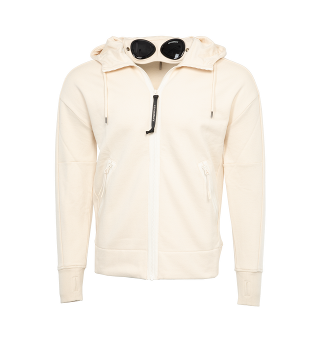 Image 1 of 4 - WHITE - C.P. COMPANY Diagonal Raised Fleece Goggle Hoodie featuring adjustable Goggle hood, ribbed hem and cuffs, two zip front pockets and full zip fastening. 100% cotton. 