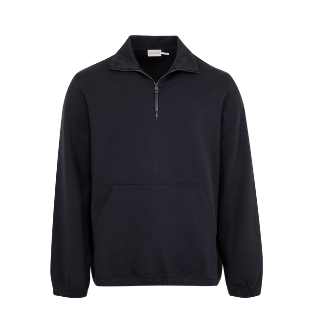 Image 1 of 3 - NAVY - MONCLER Cotton Half-Zip Sweatshirt featuring cotton blend interlock, zipper closure, kangaroo pockets with knit trim and logo patch in synthetic material. 75% cotton, 20% polyester, 5% elastane/spandex. Made in Turkey.