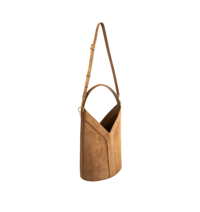 Image 2 of 3 - BROWN - SAINT LAURENT Y Bucket Top Handle Bag featuring suede exterior with leather lining, gold-tone hardware, open top, one main compartment, 1 interior zip pocket, adjustable removable shoulder strap and Y detail. 9.84" W x 8.66" H x 5.9" D. Made in Italy.