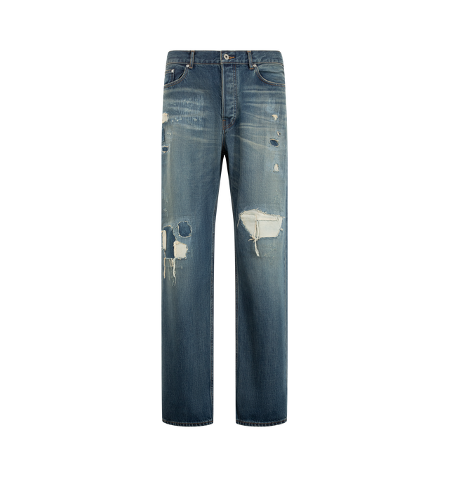 Image 1 of 3 - BLUE - JW Anderson Men's Straight Leg Denim Jeans are crafted from Japanese selvedge denim and feature a classic mid-rise, straight-leg silhouette in a dark blue wash. Developed in collaboration with expert Japanese denim makers, the jeans are designed with a leather logo patch, custom logo shank buttons and rivets, an anchor rivet at the ticket pocket, and a pocket bag screen-printed with "Made in Japan." Main Material: 100% Cotton. Lining: 100% Cotton. Made in Japan.