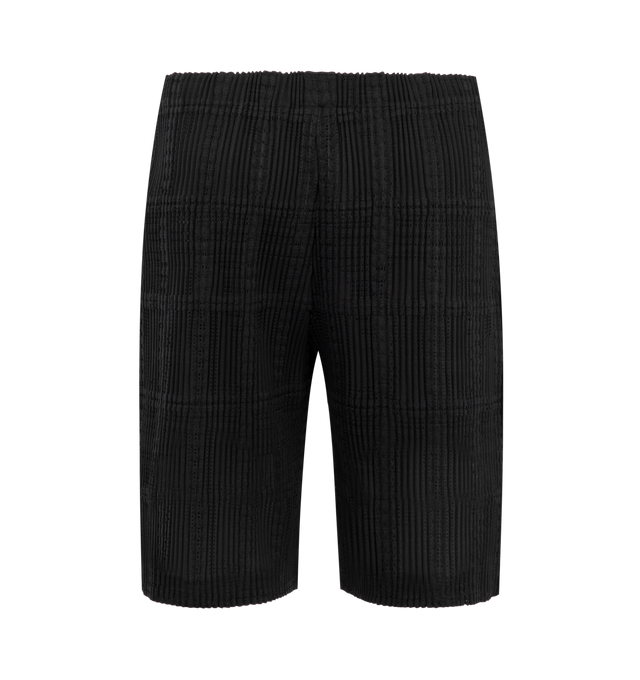 Image 2 of 3 - BLACK - Issey Miyake Men's Lace Grid Pleats Pants are crafted from a lightweight polyester and cotton blend and feature the house's signature pleated construction with a distinctive grid-inspired texture. Designed with an elasticated drawstring waistband for an adjustable fit, these designer pants are finished with a button-fly front and functional side pockets, combining innovative textile design with everyday comfort. Main Material: 75% Polyester, 25% Cotton. Waist: Elasticated with Drawstr