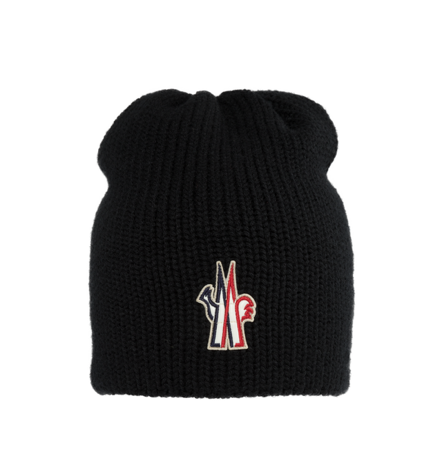 Image 1 of 2 - BLACK - MONCLER GRENOBLE WOOL BEANIE featuring ultra-fine wool, stockinette stitch, Gauge 3 and nylon laqu tricolor logo. 100% virgin wool. 