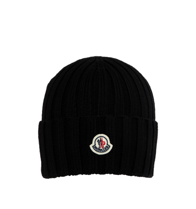 Image 1 of 2 - BLACK - MONCLER Wool Beanie featuring ultrafine wool, ribbed knit, Gauge 5 and logo patch. 100% virgin wool.
