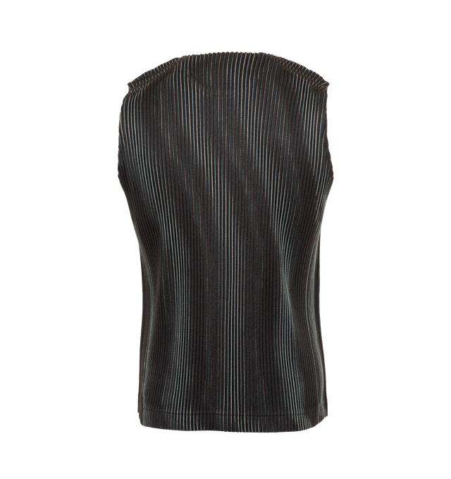 Image 2 of 3 - BROWN - ISSEY MIYAKE TWEED PLEATS VEST featuring wavy contrasting stripes, tailored sillhouette, pleated vest, straight shape and round neck. 100% polyester. 