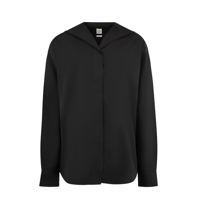Image 1 of 2 - BLACK - TOTEME Sharp Poplin Shirt featuring sculptural collar, crisp silhouette, tailored from cotton-poplin, oversized fit and partially concealed button fastenings through front. 100% cotton.