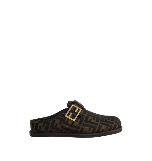 Image 1 of 4 - BROWN - FENDI Feel Mule featuring round-toe, FF strap, jacquard fabric and gold-finish metalware. 50% polyester, 50% polyamide. Inside: 100% lamb leather. Made in Italy.