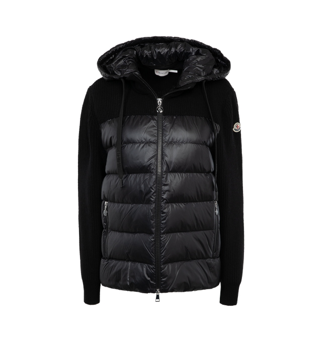 Image 1 of 3 - BLACK - MONCLER Padded Cardigan featuring nylon lger brilliant lining, down-filled, detachable hood, brioche stitch (back, sleeves and yoke), Gauge 7 and zipped pockets. 100% wool. 100% polyamide/nylon. Padding: 90% down, 10% feather. 