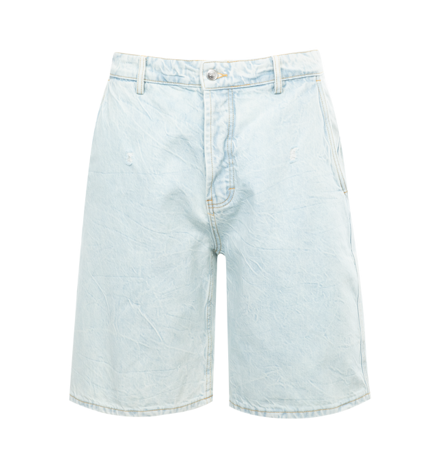 Image 1 of 2 - BLUE - NAHMIAS Bleach StoneDenim Shorts featuring button and button-fly fastening, regular fit, mid-rise, structured waistband with belt loops, slip pockets at front, brand rubberised appliqu at back, brand patch at back, patch pockets at back, light faded wash, contrast stitching, distressed patches and branded silver-toned hardware. 100% cotton. 
