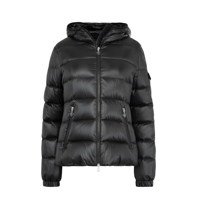 Image 1 of 3 - BLACK - MONCLER Glesse Hooded Short Down Jacket featuring longue saison lining, down-filled, hood, zipper closure, sleeve pocket with snap button closure, zipped pockets and adjustable cuffs. 100% polyamide/nylon. Padding: 90% down, 10% feather. Made in Moldova.