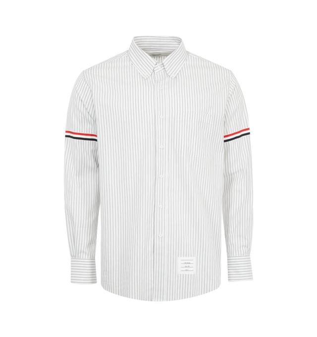 Image 1 of 2 - GREY - Thom Browne Men's elevated long sleeve button-front shirt crafted from madras striped cotton featuring chest patch pocket, nametag applique, grosgrain armbands, pleated back yoke with locker loop and signature striped grosgrain loop tab. 100% Cotton. Made in Italy.