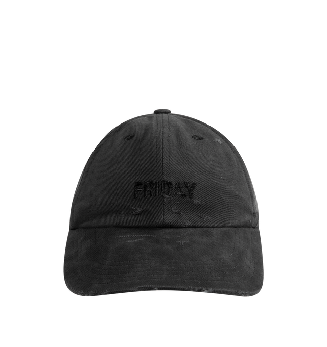 Image 1 of 2 - BLACK - VETEMENTS Friday Distressed Cap featuring embroidered text on front, curved brim and adjustable strap. 100% cotton. Made in Portugal.