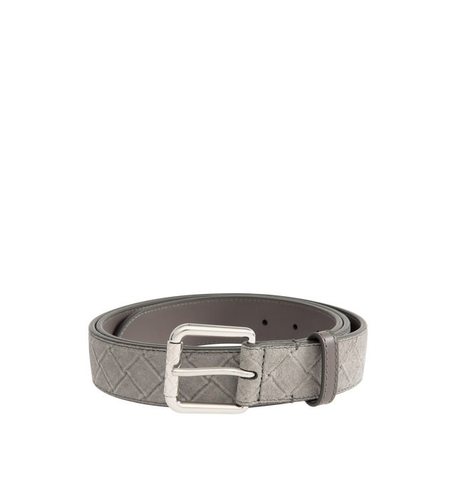 Image 1 of 2 - SILVER - BOTTEGA VENETA Intrecciato Stamp Belt featuring suede with embossed Intrecciato pattern, metal roller buckle and prong closure. Calfskin. Lining: calf leather. Made in Italy.