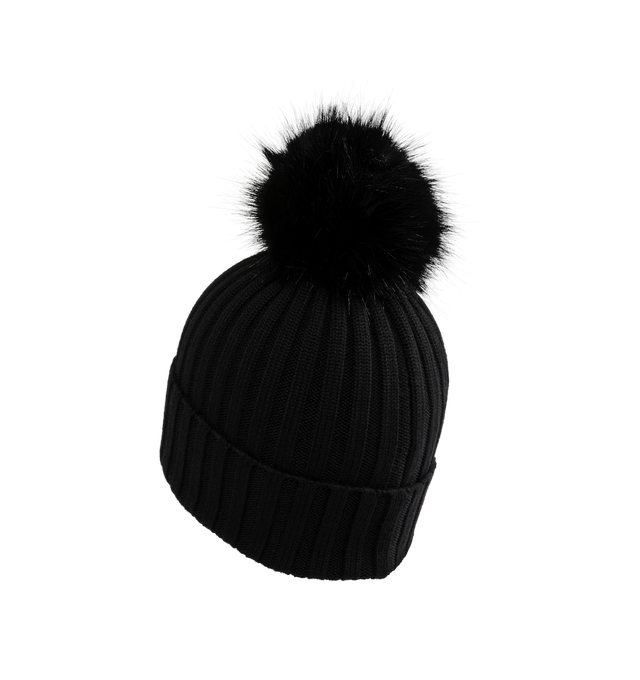 Image 2 of 2 - BLACK - Moncler Wool Beanie with Pom Pom features an English rib-knitting and logo at front and embellished with a faux fur pom pom. Designed to provide warmth, this heavy knit beanie for women adds the finishing touch to cold-weather looks. 100% virgin wool .