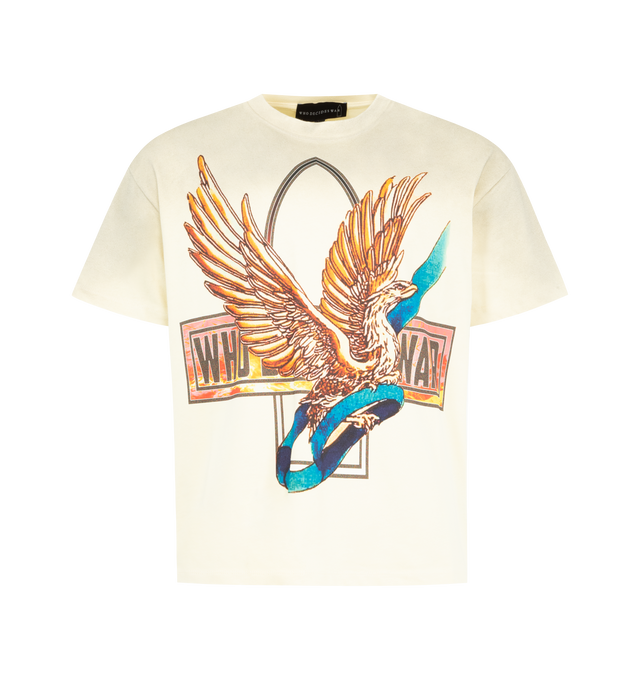 Image 1 of 2 - WHITE - WHO DECIDES WAR Ribbon Tour Jersey Tee featuring pull-on styling, short sleeves, crewneck and front and back graphic. 100% cotton.