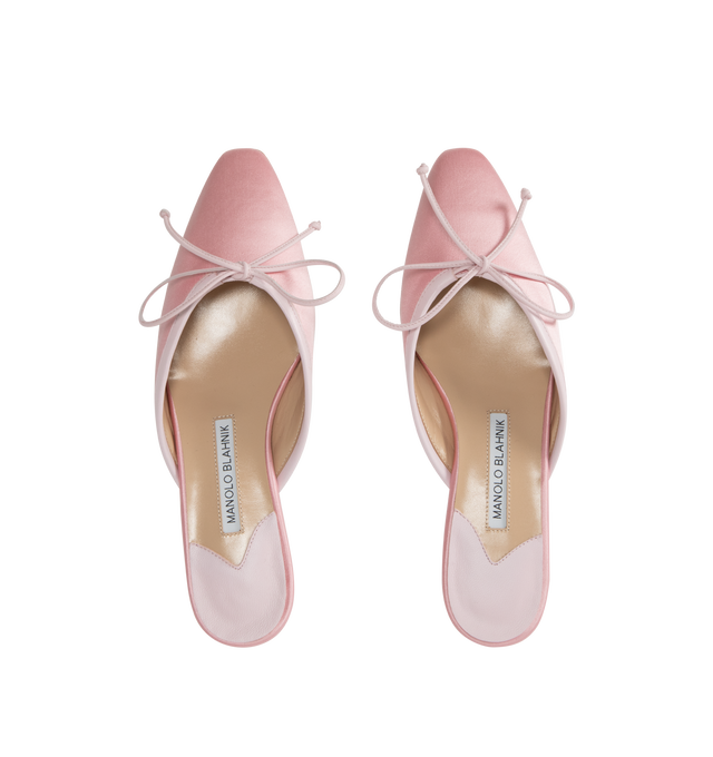 Image 4 of 4 - PINK - Manolo Blahnik Satin Bow Ballerina Flats in a slide-on style featuring grosgrain trim and bow accent, 10 mm flat heel, almond toe, leather outsole and leather lining. Made in Italy.
