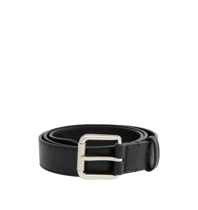 Image 1 of 2 - BLACK - BOTTEGA VENETA Intrecciato Stamp Belt featuring calf leather with embossed Intrecciato pattern, metal roller buckle and prong closure. 1.2" x 0.2". Calfskin. Made in Italy.
