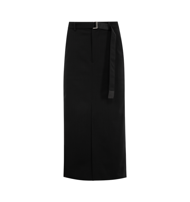 Image 1 of 3 - BLACK - SACAI Belted Wool Suiting Skirt featuring pencil skirt cut from wool suiting fabric, glossy satin tuxedo stripes, webbed belt, zip fly with hook-and-bar closure, cupro lining and front vent. 100% wool with 100% polyester contrast. Made in Japan.