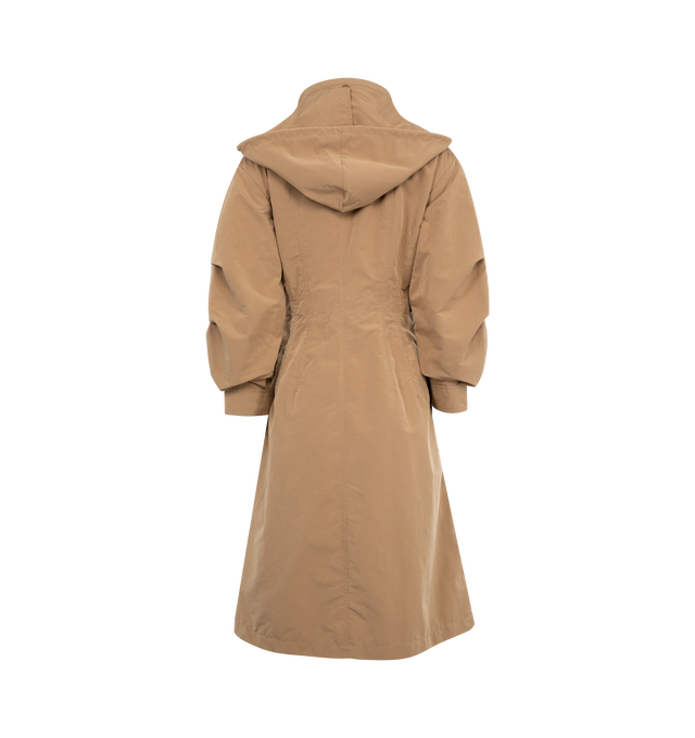 Image 2 of 3 - BROWN - MONCLER Nantes Parka featuring a polyester and nylon blend, micro mesh lining, pull-out adjustable hood, three-quarter length sleeves, zip and snap button closure, waist with inner drawstring fastening and patch pockets. 70% polyester, 30% polyamide/nylon. Made in Romania.