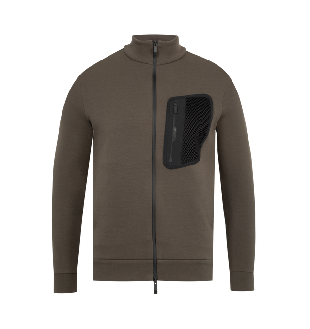 Image 1 of 3 - BROWN - MONCLER Logo Cotton Zip-Up Sweatshirt featuring cotton interlock, collar, zipper closure, side pockets, zipped chest pocket in mesh and nylon and logo details. 71% cotton, 29% polyester.