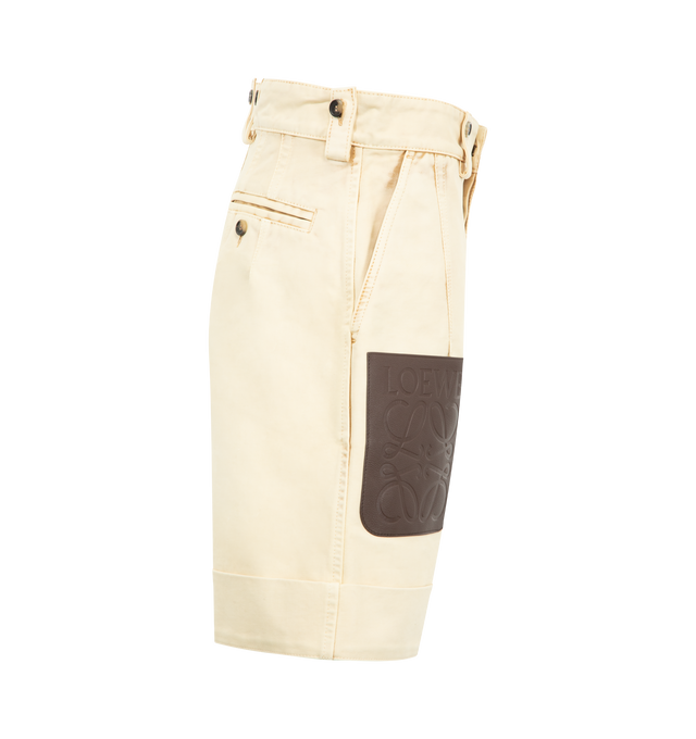 Image 3 of 3 - WHITE - LOEWE Turn-Up Shorts in medium-weight garment-dyed cotton twill featuring a LOEWE Anagram embossed leather patch pocket on the leg, turn-up cuffs, relaxed fit, regular length, mid waist, buttoned belt loops, concealed button fly, slash pockets and buttoned rear welt pocket. Cotton. Made in Italy.