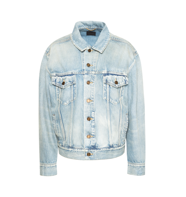 Image 1 of 3 - BLUE - SAINT LAURENT Neo Egg Shape Denim Trucker Jacket featuring front button closure, spread collar, one-button cuffs, chest button-flap patch pockets, front welt pockets and adjustable button side tabs. 100% cotton. 