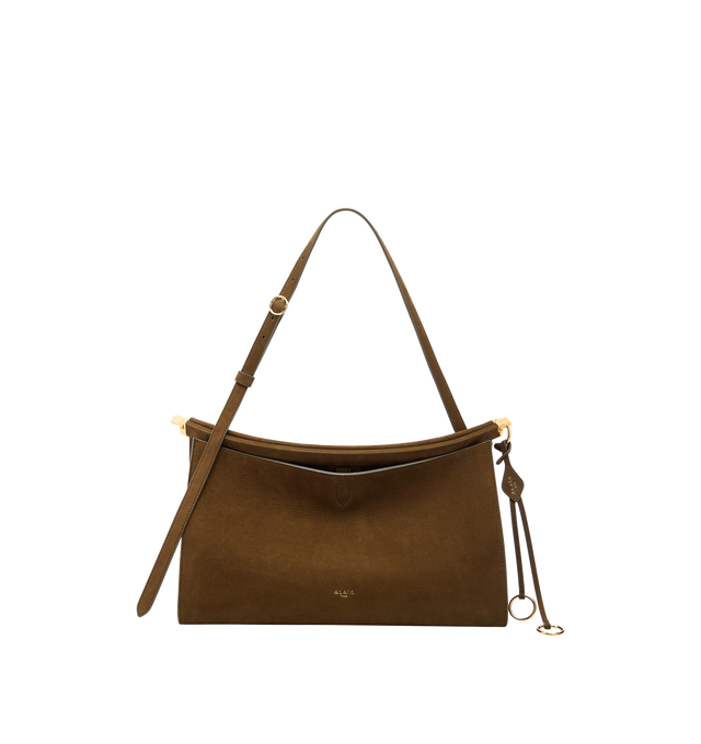 Image 1 of 1 - BROWN - Alaa Womens Le Click Pocket 35 Bag in Nubuck is crafted from nubuck calfskin leather. Features an anatomical curved shape, front pocket with leather tie closure, adjustable strap, leather-wrapped hinge opening, signature folding detail at the bottom, decorative ties with metallic rings and Alaa tag, and shoulder carry. Main Material: 100% Calf Leather; Main Lining: 100% Calf Leather. Dimensions: 35cm L x 20.5cm H x 15.5cm D. Made in Italy.