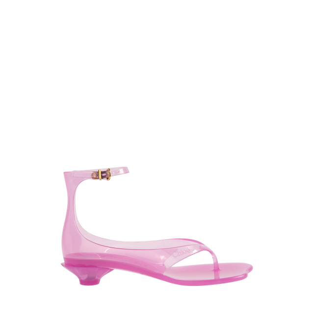 Image 1 of 4 - PINK - CHLOE Jelly Sandal featuring transparent TPU, thong front with a distinctive wavy sole, shell-shaped heel, adjustable, buckled ankle strap and an oversized tonal Chlo logo on the sole. Sandal heel height: 1". Upper: TPU. Heel: polycarbonate.