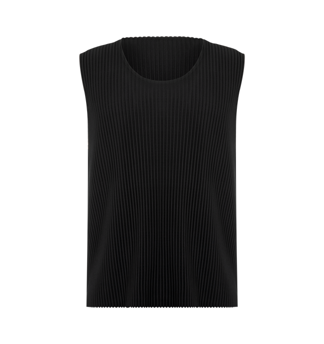 Image 1 of 2 - BLACK - Issey Miyake Men's round-neck sleeveless top in a simple design makes it ideal as an inner layer for styling with a jacket. Featuring the portability and light comfort of the polyester material that is inherently quick drying with slits on both sides. 100% Polyester. Made in Japan.