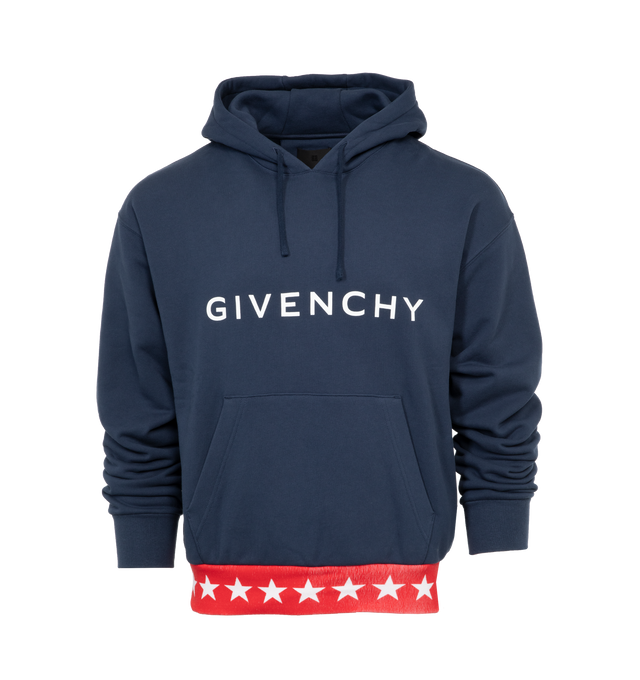 Image 1 of 3 - NAVY - GIVENCHY BOXY FIT HOODIE WITH POCKET BASE featuring drawstring at hood, logo printed at chest, kangaroo pocket, rib knit hem and cuffs and star graphic at hem. 100% cotton. Made in Portugal. 