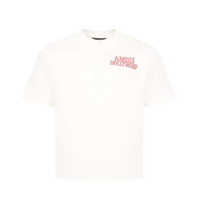Image 1 of 2 - WHITE - AMIRI Hollywood City Tee featuring round neck, chest logo, back graphic print, short sleeves, straight hem and tonal stitching. 100% cotton.