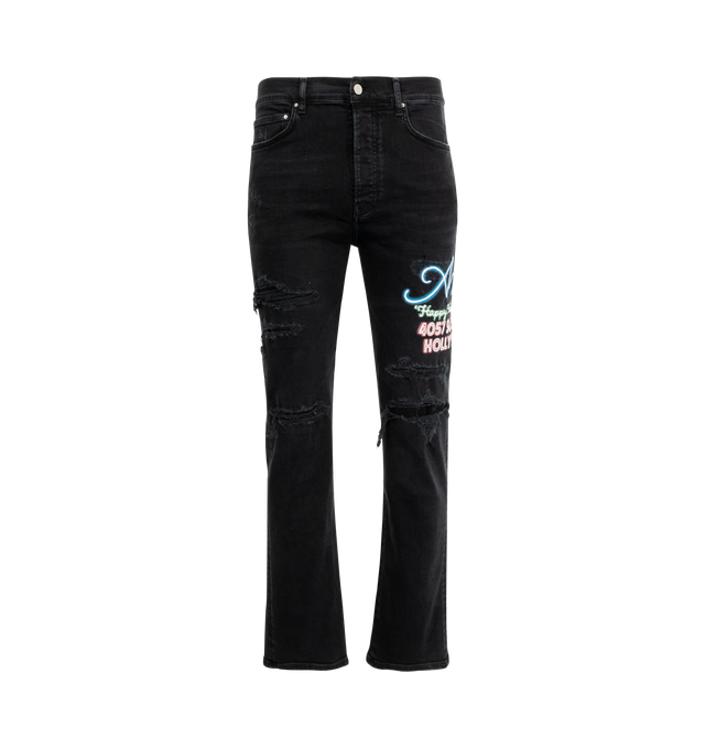 Image 1 of 4 - BLACK - AMIRI Nean Lights Slim Jeans featuring belt loops, five-pocket styling, button fly, logo appliqu at outseam, logo patch at back waistband and flared hem. 98% cotton, 2% elastane. Made in United States.