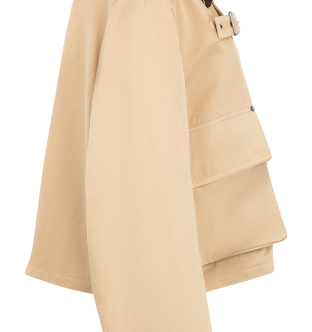 Image 3 of 4 - NEUTRAL - Loewe Womens Parka Jacket is crafted from cotton. Features a slightly cropped silhouette, corduroy collar, chest belt detail, concealed front closure, and cotton lining with leather trim. Main Material: 100% Cotton; Trim: 100% Leather; Lining: 100% Cotton. Made in Italy.